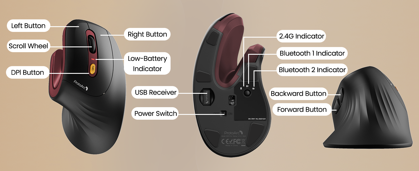 ProtoArc EM11 NL Вертикальна миша, бездротова, заряджається, Bluetooth + USB, для комп'ютера, iPad, Mac, Windows - чорний, зелений (червоний)