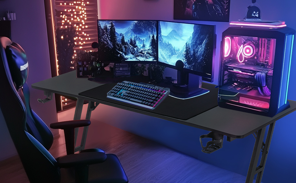 Ігровий стіл 120x60 см з А-подносінням, стіл для комп'ютера з тримачем для напоїв та гачком для навушників, карбонове покриття, стійкий, ергономічний для дому та офісу