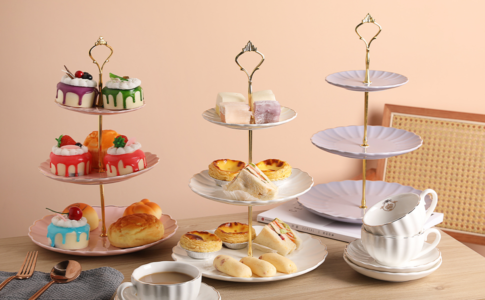 Стійка для тістечок Sweejar Home 3-ярусна керамічна, етажерка для тортів, десертів, капкейків, чаювання, сервірування (Рожева)