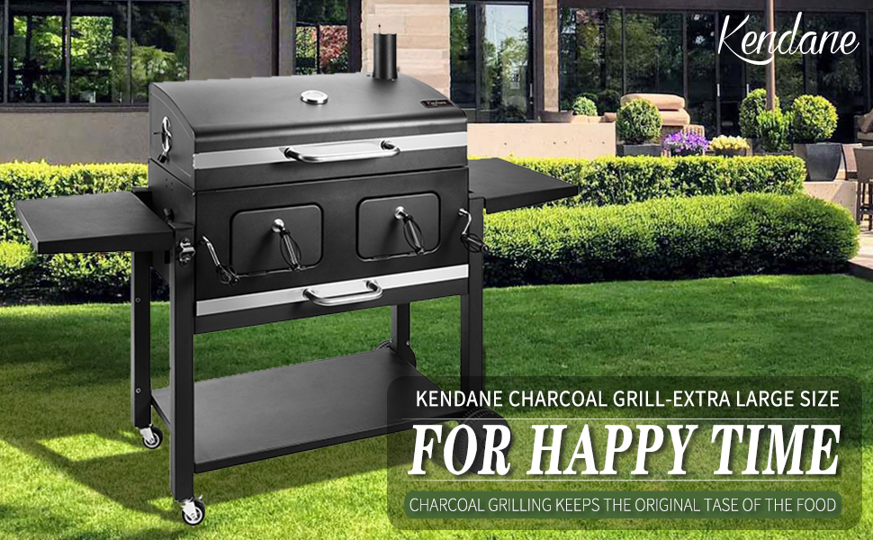 XXL вугільний гриль Grillwagen з кришкою, коптильня, гриль з колесами, ручка з нержавіючої сталі, грати, термометр, підлоговий гриль, 154.5 x 89 x 122 см