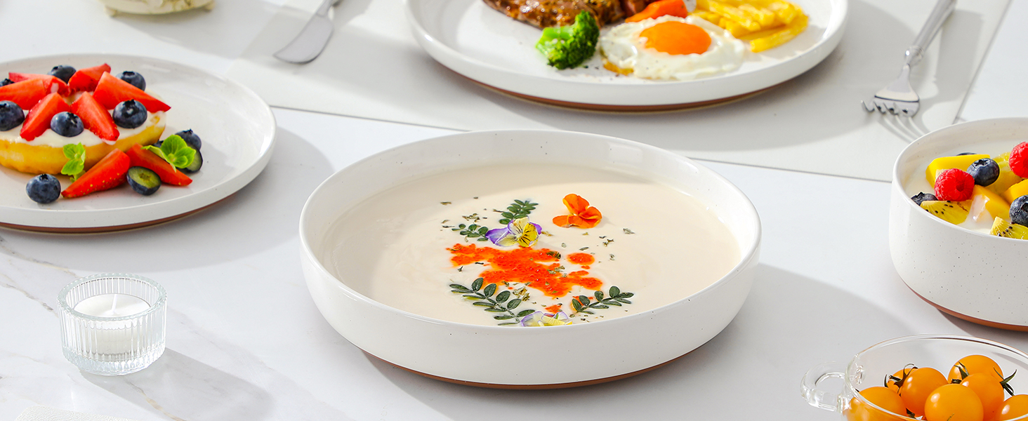 MALACASA Сервіз на 6 осіб (24 предмети) з реактивної глазурі, кераміка, білий з коричневим, для дому та ресторану