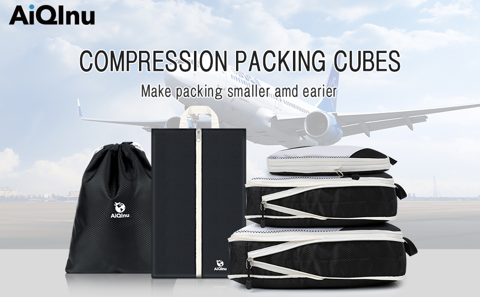 Набір компресійних органайзерів для одягу AiQInu, 5 шт, дорожні сумки-пакувальники з мішком для взуття та білизни, ультралегкі розширювані органайзери для валізи та ручної поклажі (Чорний)
