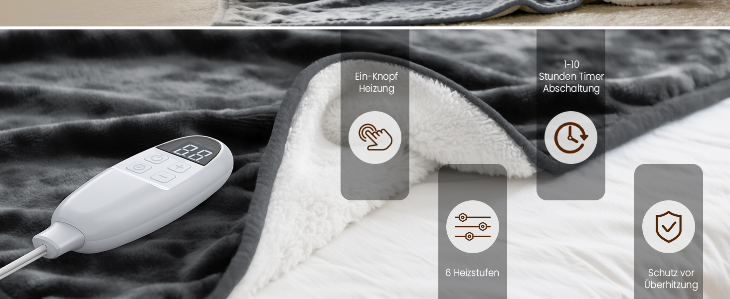 Електрична ковдра Dnenellr XXL 200x180 см з автоматичним вимкненням, 6 режимів нагріву, захист від перегріву, пральна, для ліжка та дивану