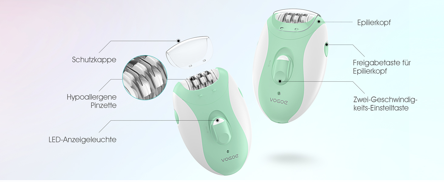 Електричний епілятор для жінок HR110 з 21 пінцетом та LED-підсвіткою, бездротовий пристрій для видалення волосся на ногах та руках, 2 швидкості, світло-зелений