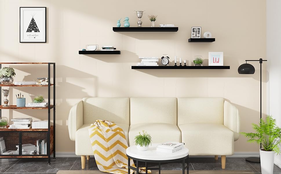 Полиця настінна WOLTU Volato набір 2 шт, плаваюча, для CD, DVD, книг, дерево, глянцева, 110x22.9x3.8 см, чорна (RG9483ws-2)