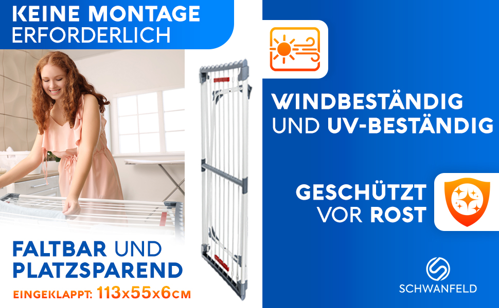 Висувна сушильна стійка SCHWANFELD 20M - висока, складана, не ковзає - сушильна машина преміум-класу XXL