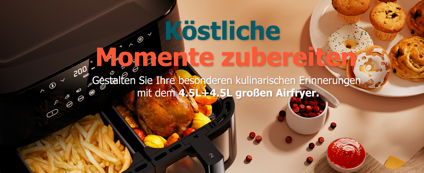 Фритюрниця повітряна з 2 камерами та скляним вікном, 9л, 9-в-1, сенсорний дисплей, кошики, що миються, антипригарне покриття, здорова фритюрниця без олії