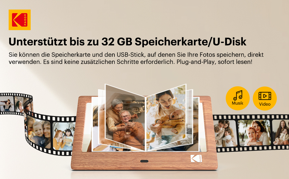 Цифровий фотоальбом Kodak 7 дюймів з IPS екраном, підтримка USB/SD, відтворення фото/музики/відео, календар, будильник, з пультом керування (дерево)