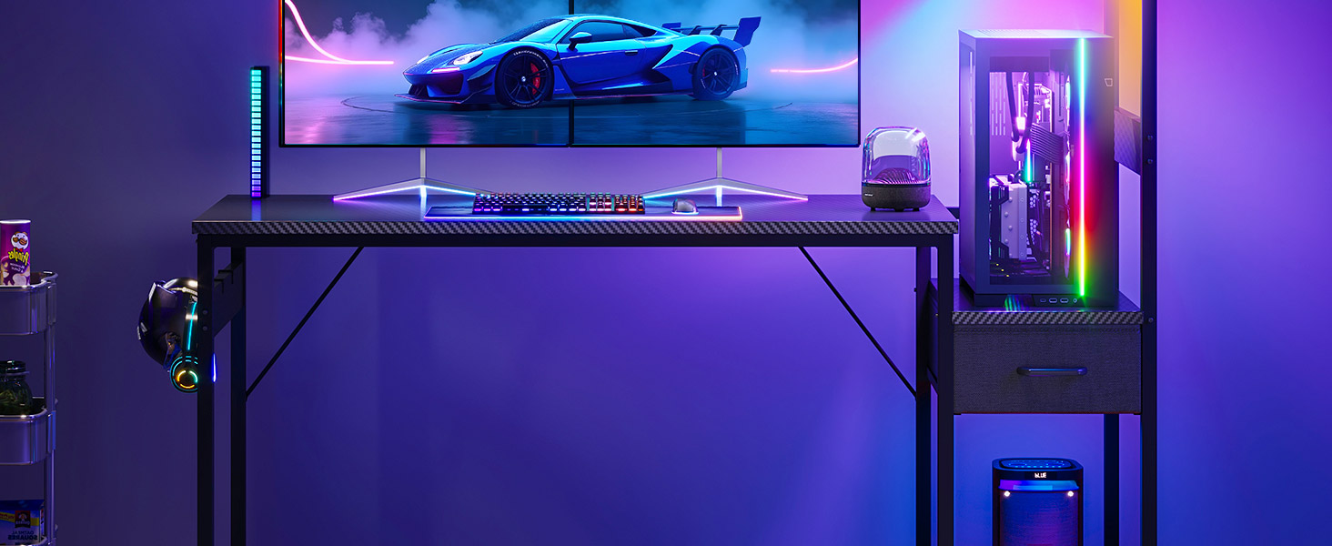 Ігровий стіл Coleshome з LED підсвіткою, шухлядами та полицею, чорний (карбон), 138x48 см
