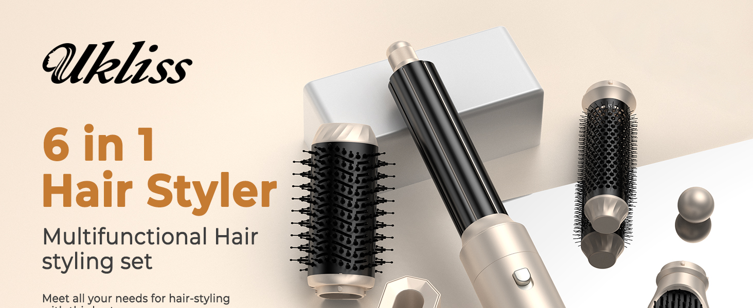 UKLISS Hairstyler 6 в 1: Професійний набір для укладки волосся (фен-щітка, плойка, випрямляч) 1000W, срібно-золотий