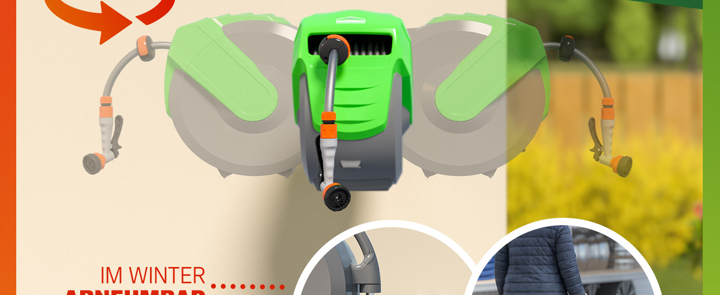 Шланговий барабан Gardebruk® 20м + 2м з кріпленням для стіни, 1/2', для саду, багатофункціональна ручна лійка, система подачі та намотування шланга