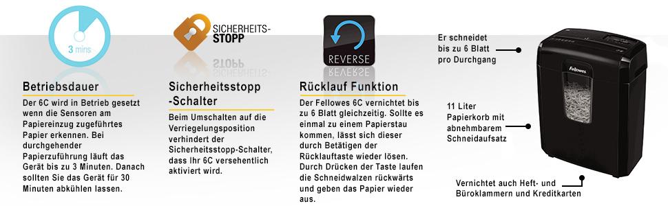 Fellowes Aktenvernichter 6 Blatt Partikelschnitt (P4) – Шредер для документів Fellowes FS-6C, 6 листів, P4, чорний, 15л