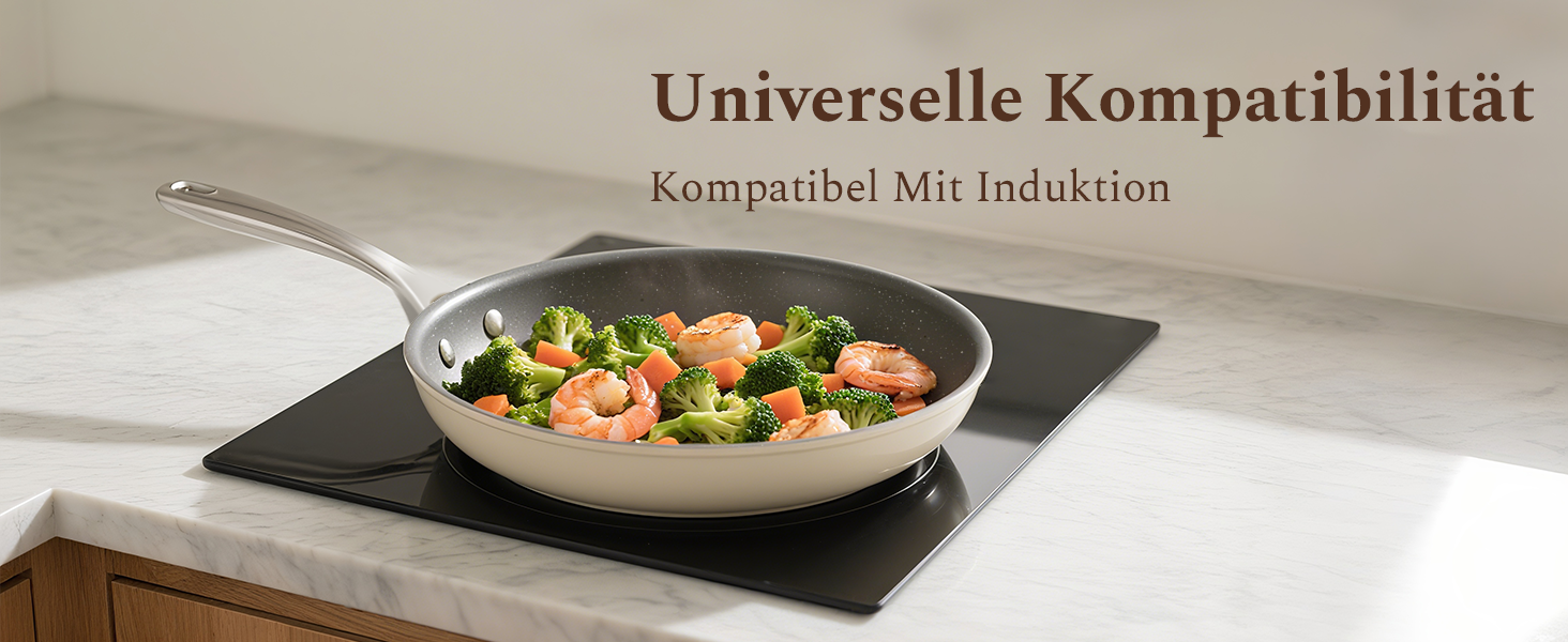 Набір сковорідок Koch Kode: керамічні сковороди 20, 24, 28 см з нержавіючою ручкою, індукційне дно, без PTFE та PFOA, придатні для миття в посудомийній машині та випікання, бежевий колір