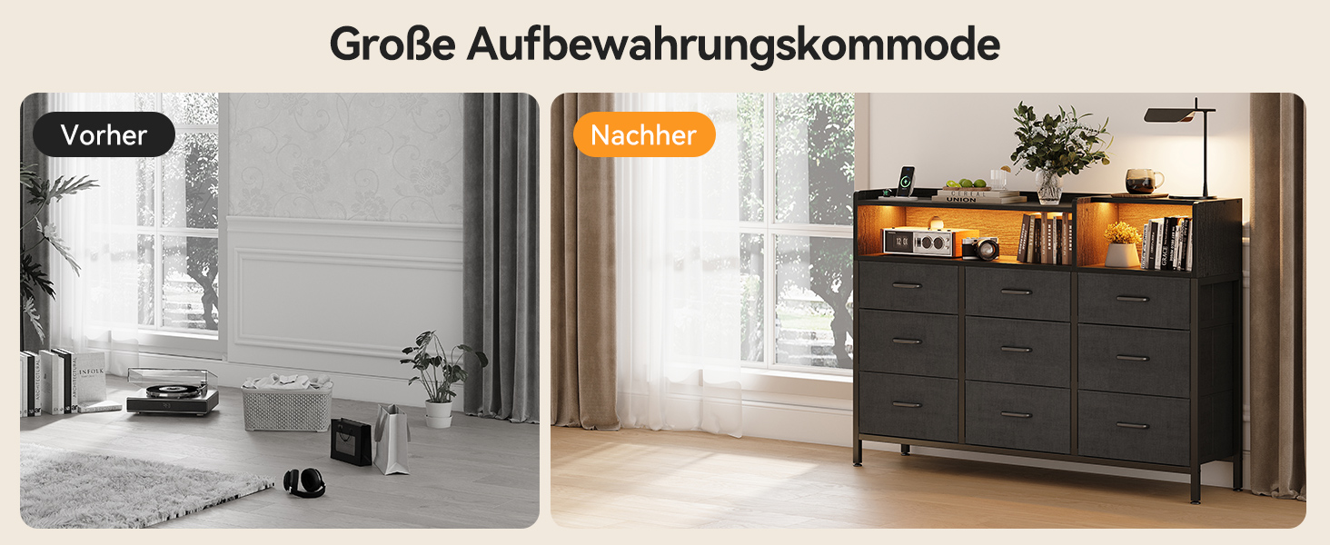 Комод ODK з шухлядами, 2 розетки, 2 USB, 10 LED-смужок, полиця, стільниця, 9 тканинних шухляд, чорний колір, 130x30x97 см