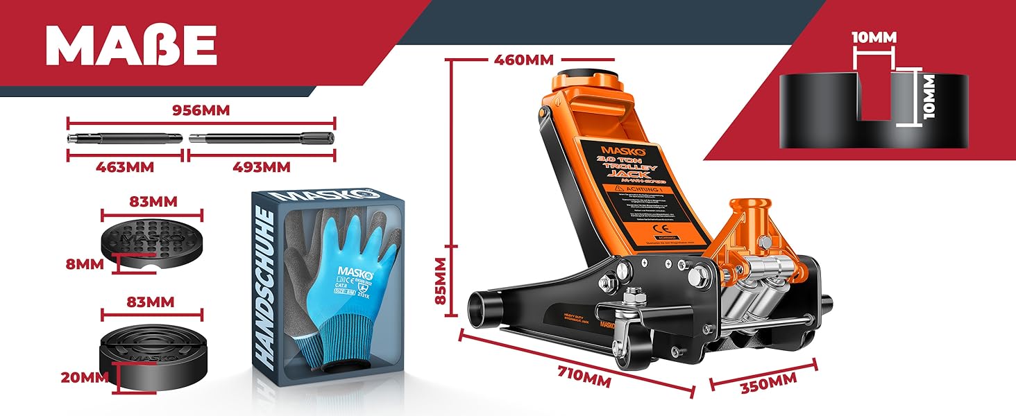 Гідравлічний домкрат MASKO 3T з низьким профілем 85-460мм, 3 гумові накладки, для легкових авто та SUV, ролики 360°, рукавички в комплекті. Домкрат під автомобіль до 3 тонн - Чорний