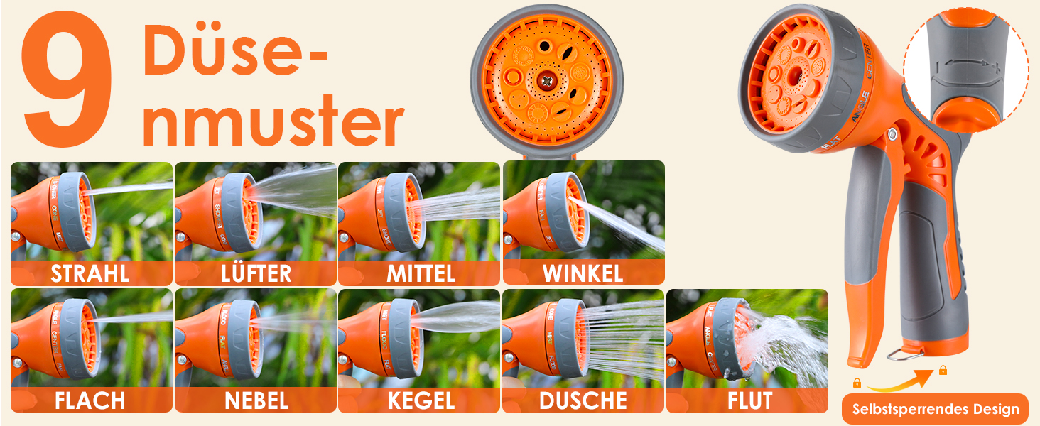 Шланговий барабан з шлангом для саду, настінний, поворотний на 180°, автоматичне змотування, шланговий бокс з ручною лійкою (9 функцій), для поливу, миття авто (сіро-помаранчевий, 20м)