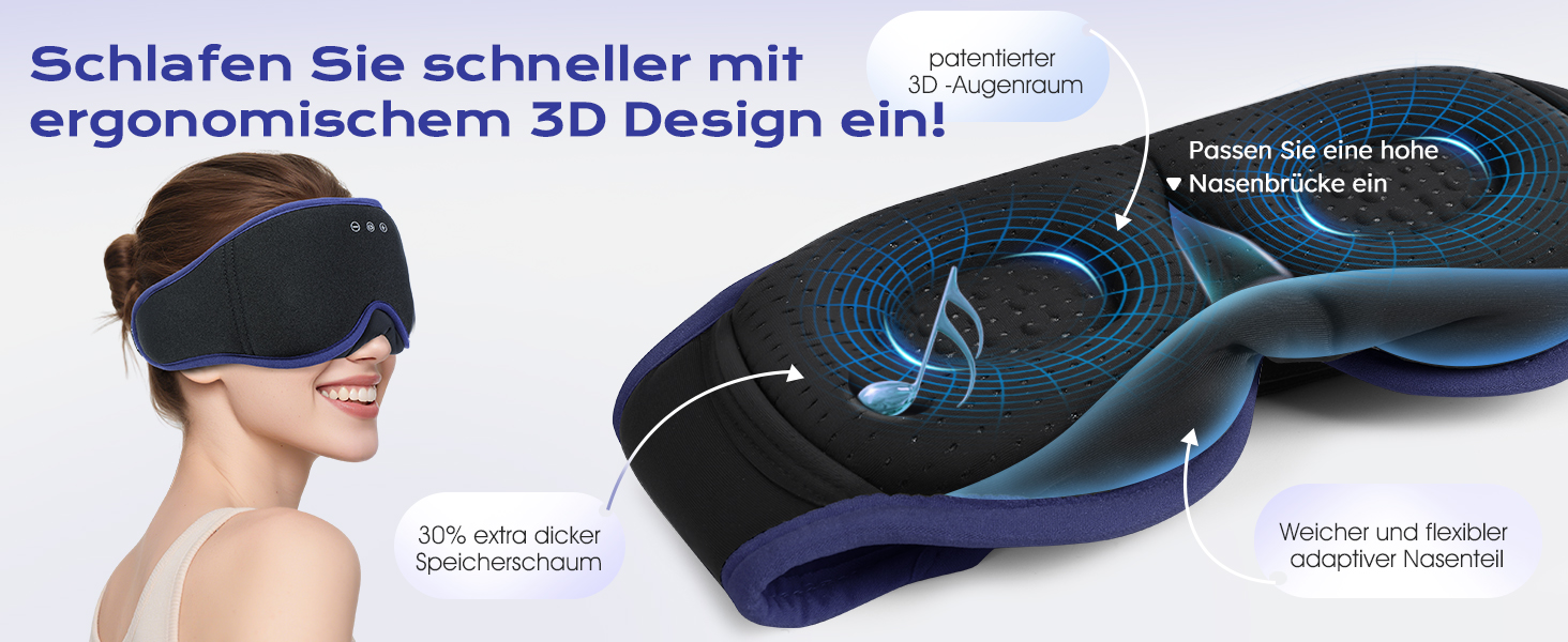 Маска для сну LC-Dolida 3D Bluetooth з навушниками для жінок та чоловіків, повна світлоблокада та комфорт на всю ніч. М'яка маска для сну з навушниками, ідеальна для подорожей та сну в ліжку (Блакитна)