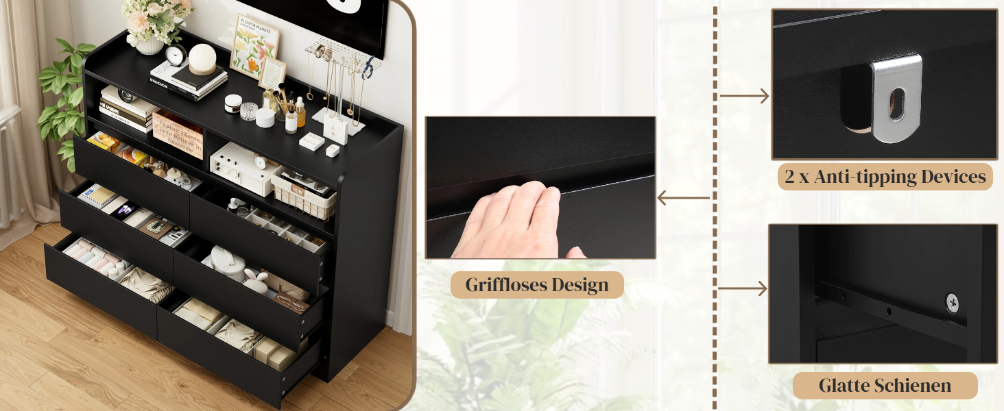 Комод FOREHILL з 6 висувними ящиками 120 см, тумба приліжкова для спальні, вітальні, коридору, 120x40x100 см, чорний