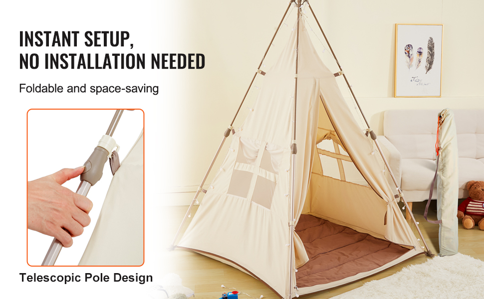Дитячий намет VEVOR Tipi для дітей 1-5 років, розкладний намет з килимком та сумкою, з вікнами, для хлопчиків та дівчаток, бежевий