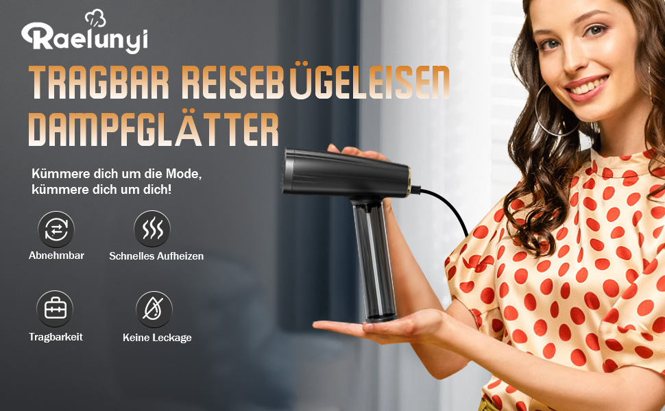 Відпарювач для одягу Raelunyi 1300W, портативний, чорний - для дому, подорожей та офісу
