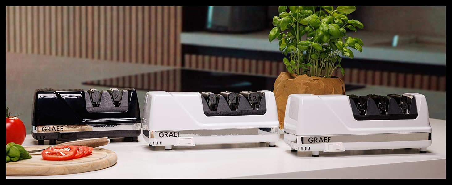 Електричний точило для ножів GRAEF CC120, 3 рівні заточування, алмазне напилення, для кухонних та мисливських ножів, білий