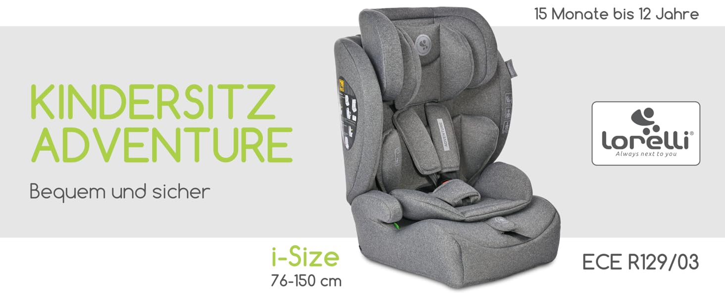 Автокрісло Lorelli Adventure i-Size 9-36кг, сіре - з регульованою підголівником та 5-точковим ременем безпеки