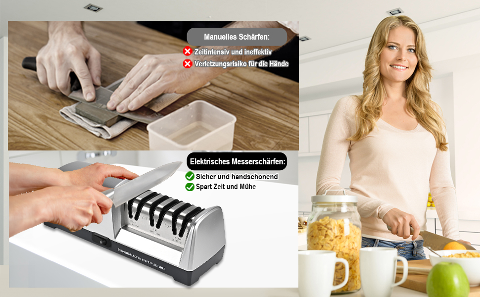 Електричний точило для ножів Herboom, 3-ступенева система з алмазним покриттям, для грубого шліфування, ремонту та заточування ножів