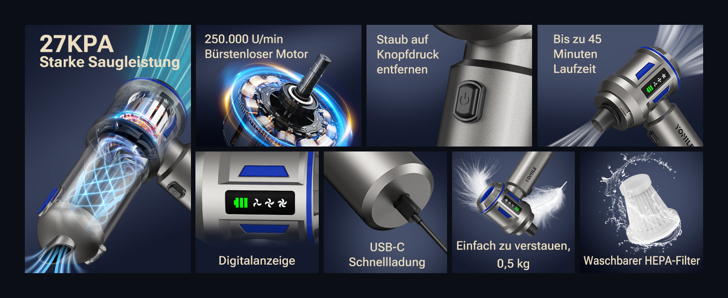 Акумуляторний ручний пилосос Yomile AD10 для авто та дому, 27000Па, 150Вт, бездротовий портативний міні-пилосос з функцією обдуву