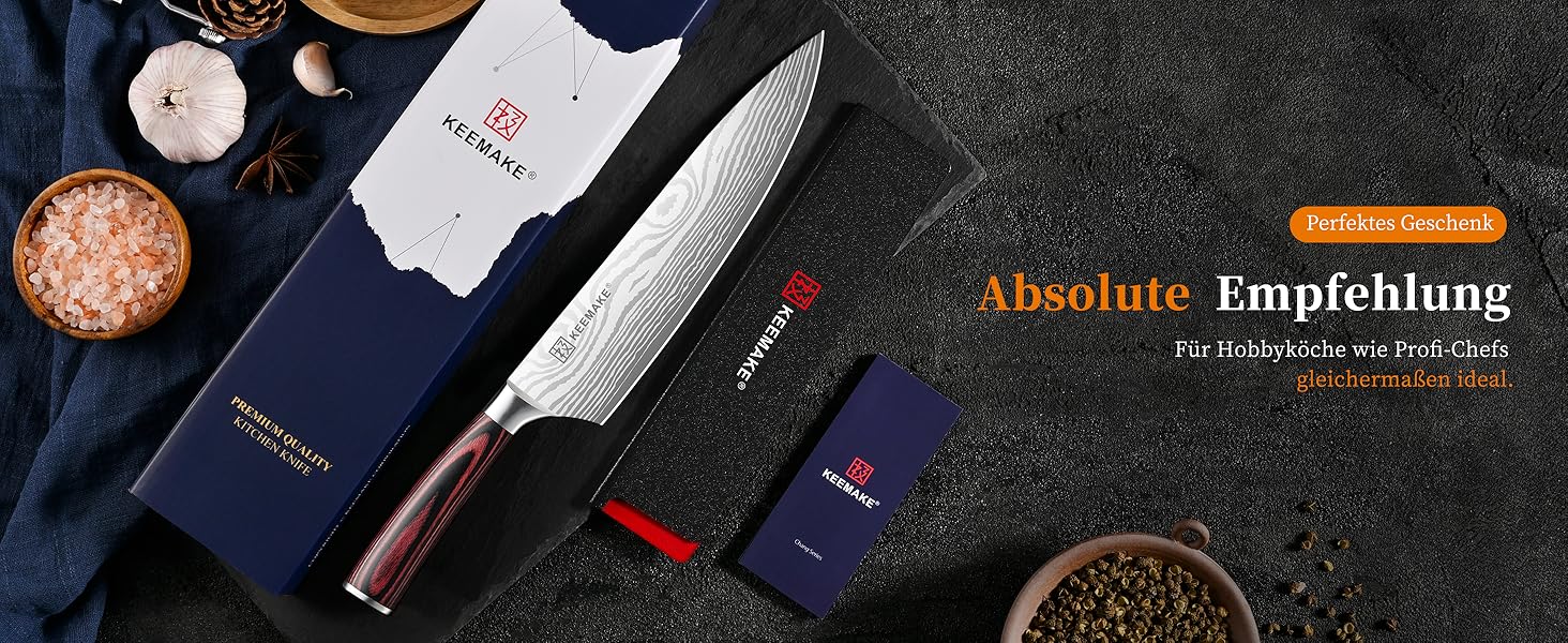 KEEMAKE Ніж кухарський 20см, професійний ніж для кухні з нержавіючої сталі з захистом леза, гострий ніж шеф-кухаря для м'яса, овочів, риби