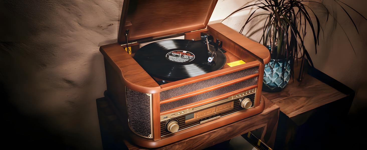 Ретро музичний центр Nostalgie з Bluetooth, касетною декою, CD/MP3/USB програвачем, радіо, програвачем вінілових платівок, AUX IN, записом MP3 та пультом