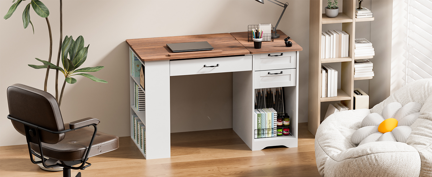 Регульований стіл для малювання AeasyG з 3 ящиками та 3-рівневими полицями, стійка конструкція з МДФ (50 кг вантажопідйомність) для художників та домашнього офісу, кут нахилу 0-80°, 60x120x76 см, білий