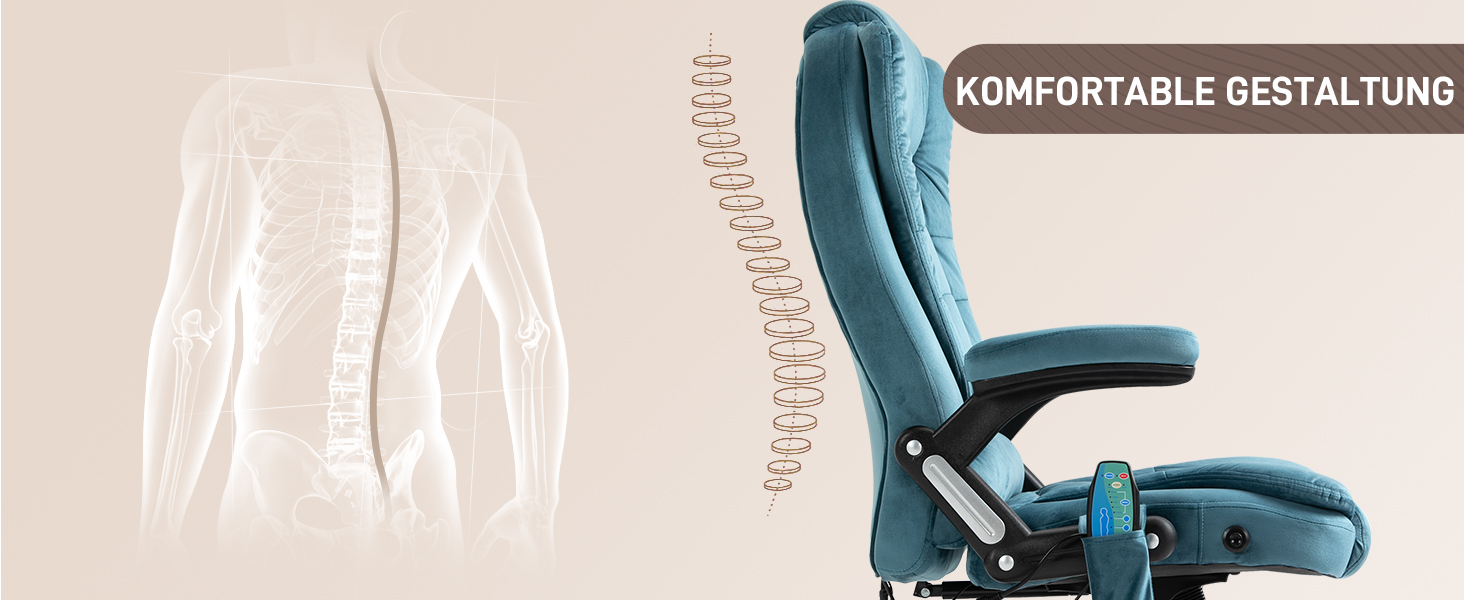 Крісло офісне Vinsetto з масажем, підігрівом, регулюванням нахилу та функцією лежання, блакитне, з кишенькою, з велюру, для офісу та дому