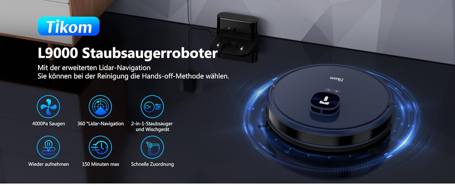 Робот-пилосос Tikom L9000 з функцією миття підлоги, LiDAR, 4000 Па, 150 хв, Wi-Fi, заборонені зони, для шерсті домашніх тварин, синій