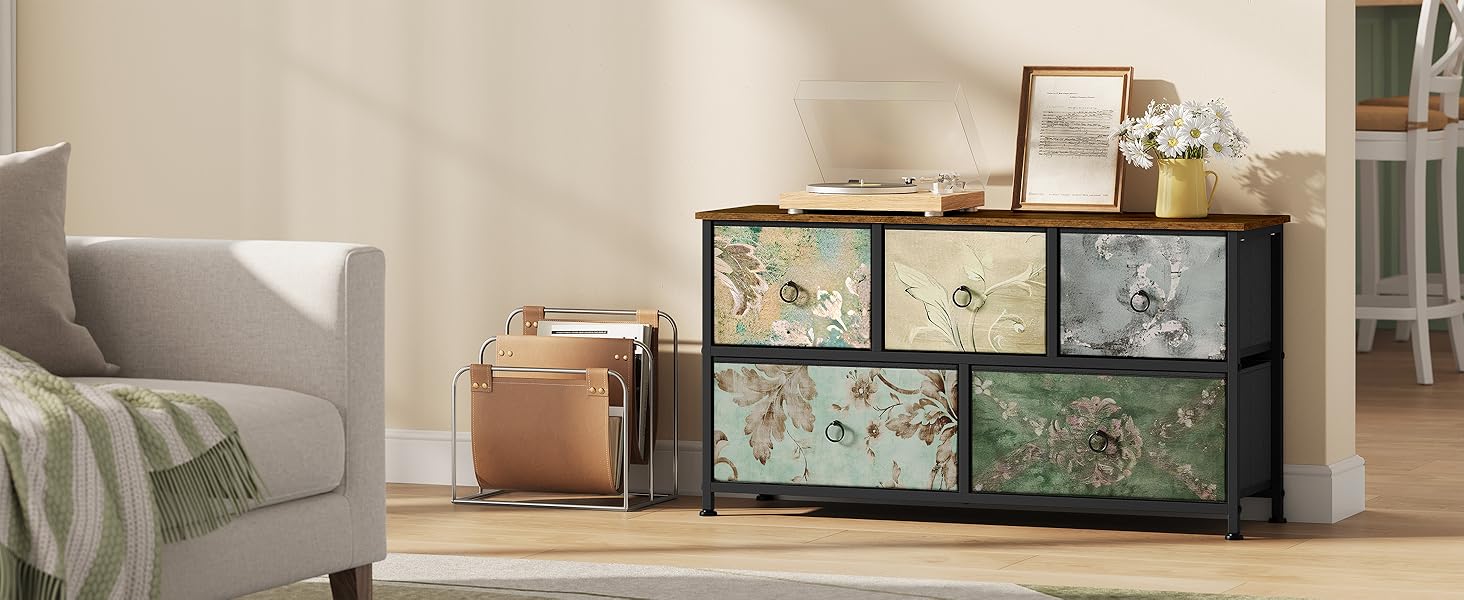 Комод WOLTU з 5 висувними ящиками з тканини, шафа-комод, тумбочка під ТБ, для вітальні, спальні, коридору, з металевим каркасом, ДСП, білий, SSK005ws. Білий (Рустикальний коричневий + чорний + вінтажний квітковий принт, 5 тканинних ящиків)