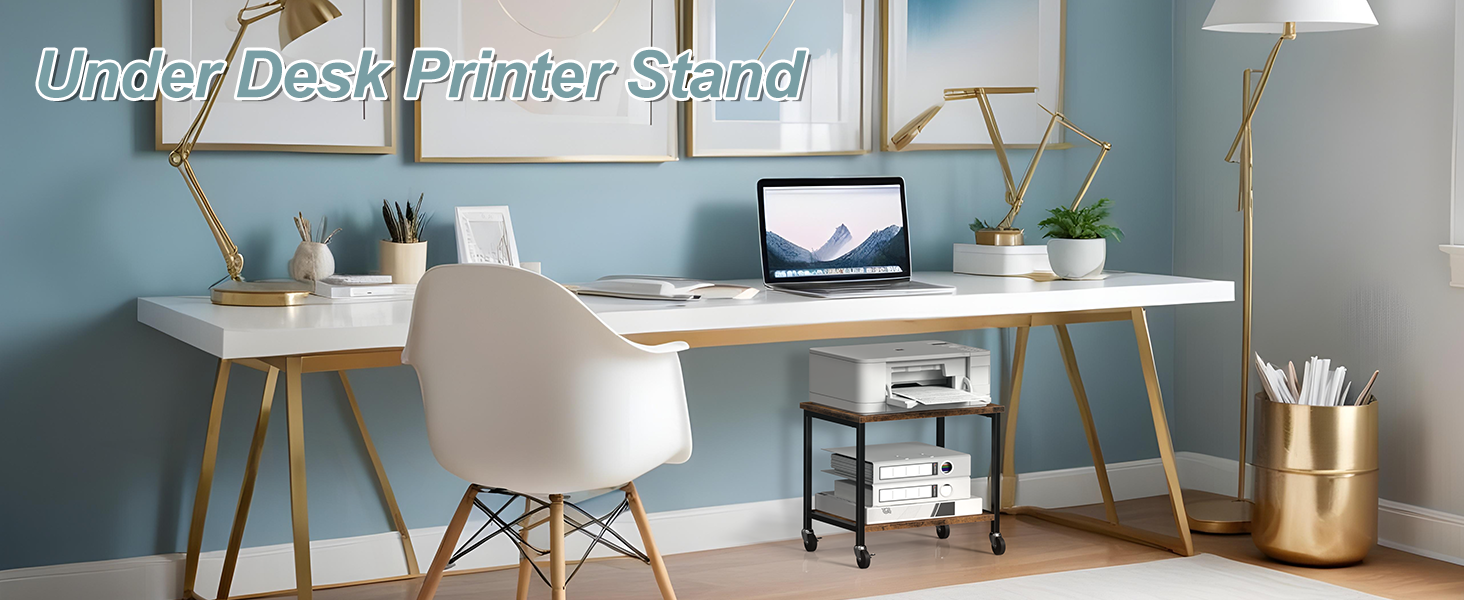 Двоярусний столик для принтера з роликами, 30x42x37 см, дерев'яний та металевий, мобільний, для офісу та вітальні (колір: коричневий)