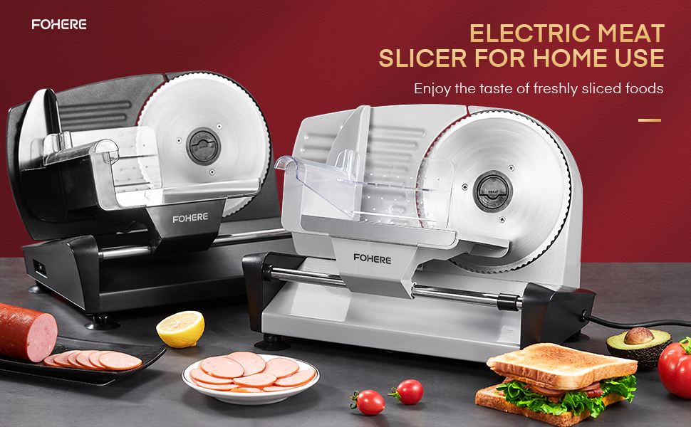 Електричний слайсер FOHERE: Brotschneidemaschine з регулюванням товщини нарізки (0-15 мм), 200W, для м'яса, ковбас, шинки, з нержавіючої сталі, з захистом