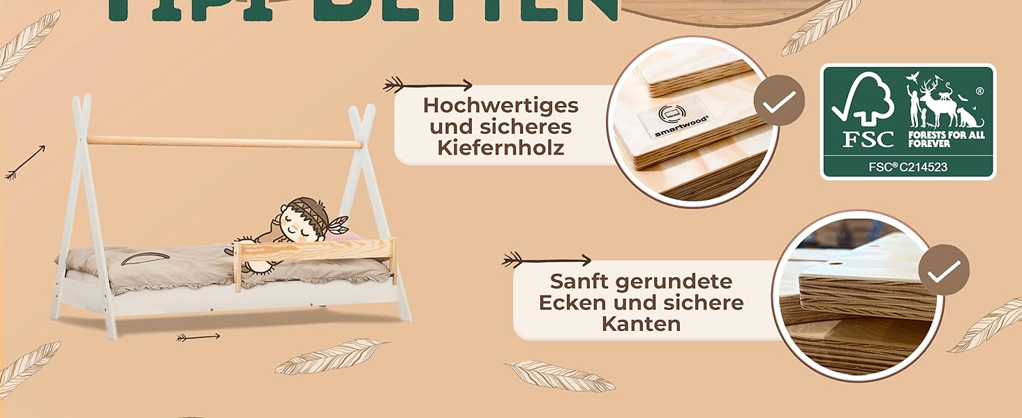 Дерев'яне ліжко-дитячий будиночок Smartwood 90x200 - Монтессорі Tipi F з сосни з сертифікатом FSC, захист від падіння та ламелі до 230 кг для хлопчиків та дівчаток, проста збірка, ліжко на підлозі