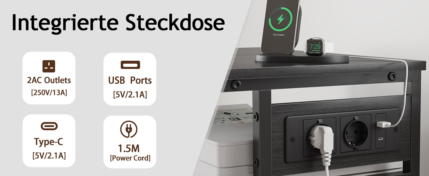 Трирівневий стіл для принтера з розеткою та USB-портами, регульовані полиці, роликовий стійка для принтера для дому/офісу, 3D/лазерний принтер, термопрес (Чорний) Чорний 60 см