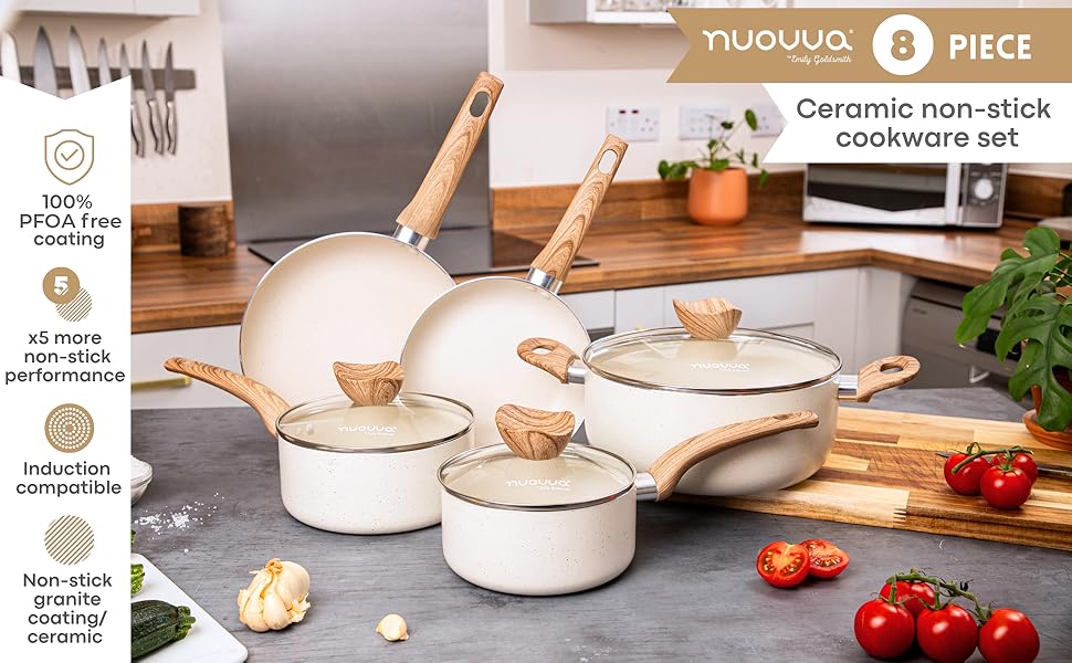 Набір каструль та сковорідок з антипригарним покриттям Nuovva - 8 предметів, кремовий граніт, для індукційних плит