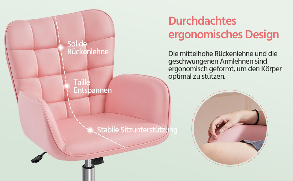 Крісло офісне Yaheetech ергономічне, з регулюванням висоти, з підлокітниками, на роликах, до 136 кг, біле (рожеве)