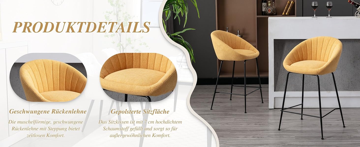 Набір з 2 барних стільців Chairus, жовті. Металевий каркас, льонова оббивка. Для кухні, дому, барної стійки.