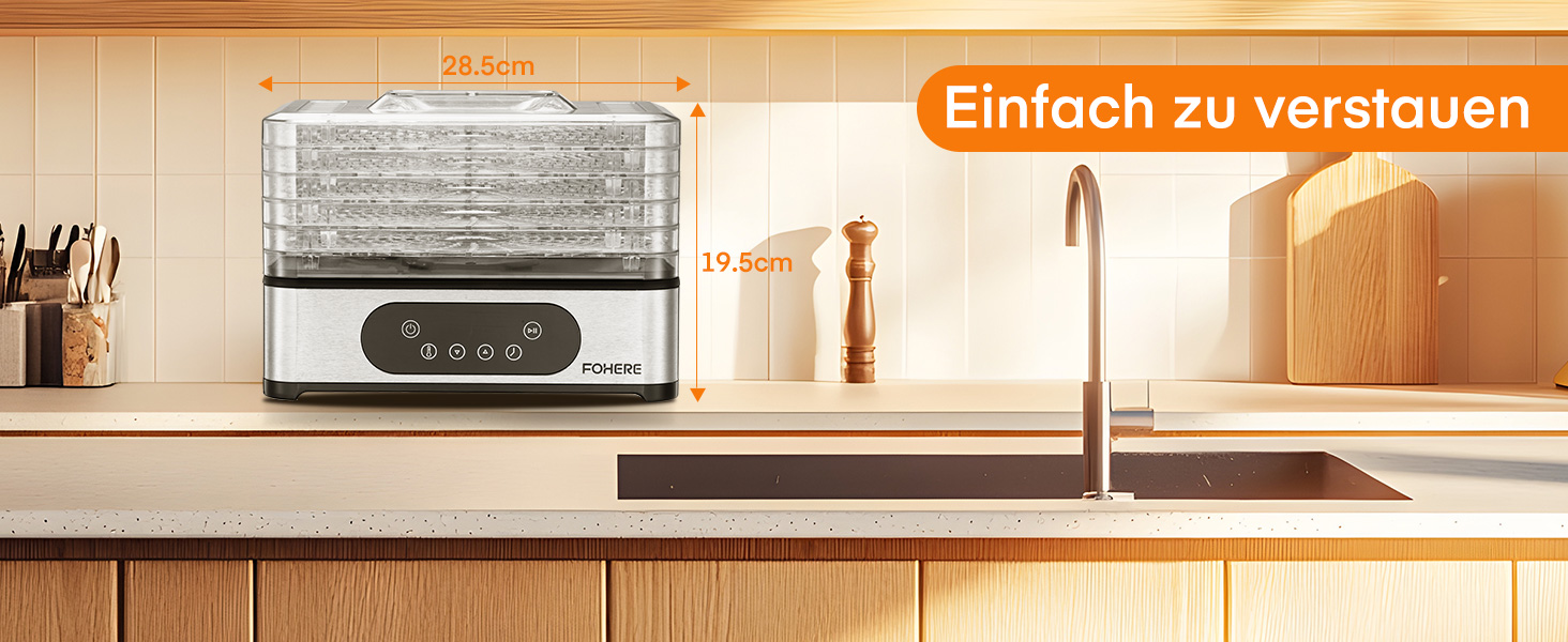 Електрична сушарка для продуктів FOHERE з нержавіючої сталі, 5 ящиків, LED-дисплей, 420W, 35-70°C, таймер 48h, для їжі, грибів, фруктів, м'яса, риби, овочів, без BPA