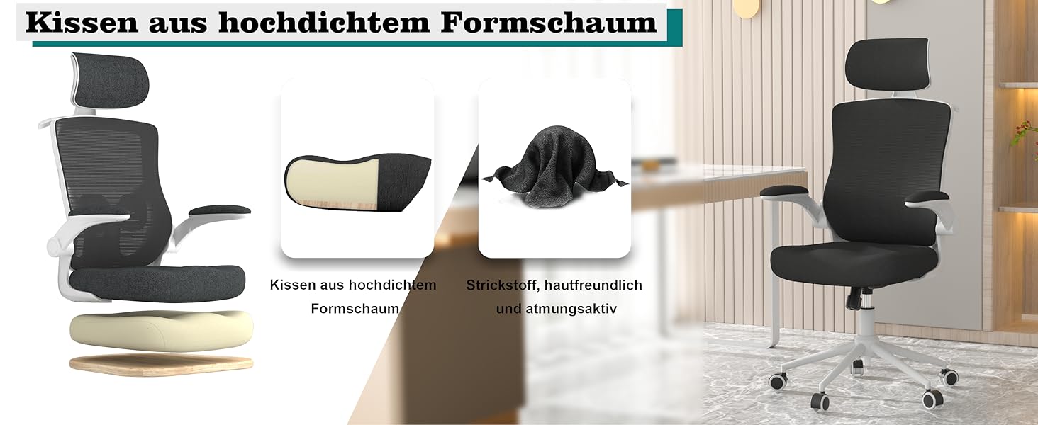 Ергономічне крісло для офісу з регульованою підголівником та поперековою підтримкою – високе офісне крісло з сітчастою спинкою та м'яким сидінням, вішалка для одягу та функцією блокування (Чорний колір з білим каркасом)