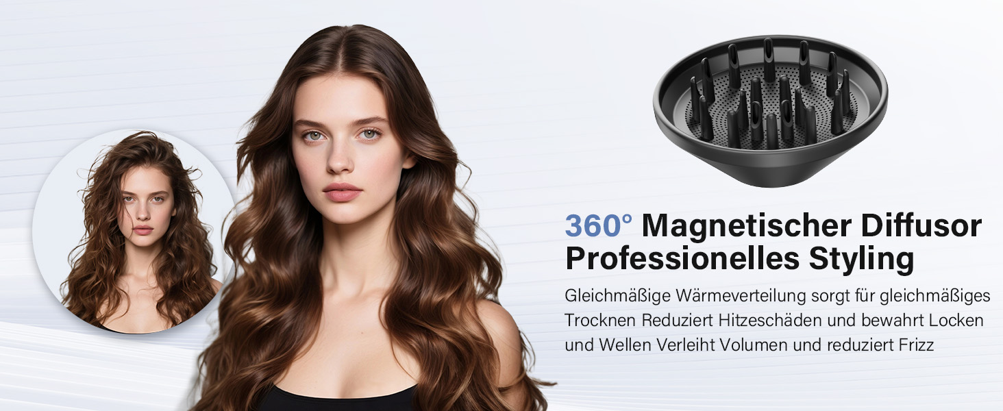 Професійний фен для волосся з дифузором, безщітковий мотор 110 000 об/хв, 400 млн плазмових іонів, низький рівень шуму 57дБ, чорний