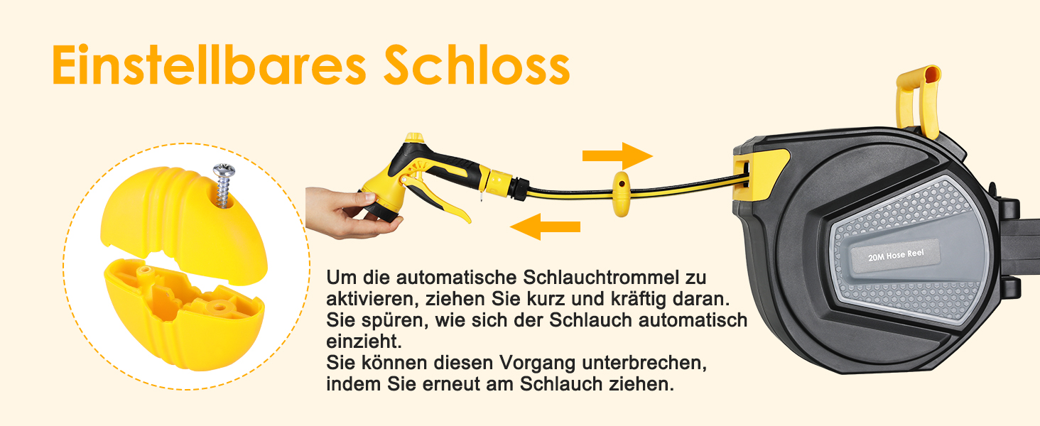Шланговий барабан з шлангом для саду, настінний, поворотний на 180°, автоматичне змотування, бокс для шланга з ручною лійкою, 9 функцій, для поливу та миття авто (чорно-жовтий, 20 м)