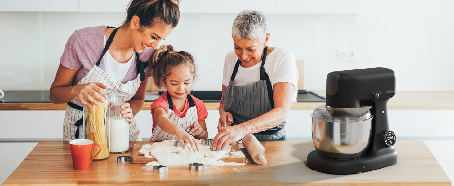 Кухонна машина MEDION MD12600: м'ясоподрібнювач, 4.6л чаша з нержавіючої сталі, тихий DC-двигун, 800 Вт, набір дисків для тертя, шинкування та нарізання, сенсорний дисплей, міксер, тістоміс