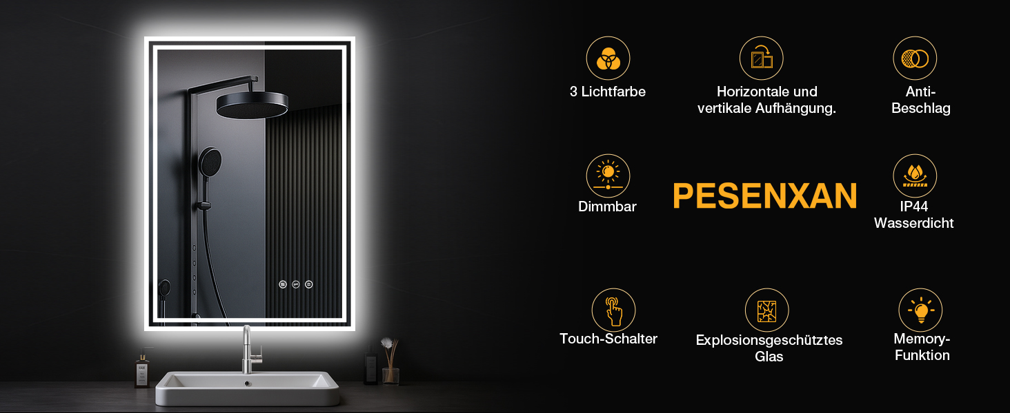 LED дзеркало для ванної кімнати з підсвічуванням 50x70 см, 3 кольори світла, регулювання яскравості, проти запотівання, сенсорне/кнопкове керування