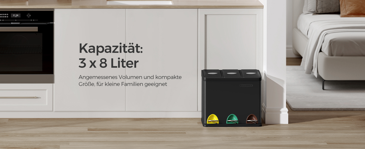 Кухонний сміттєвий бак SONGMIC, 3 на 8 літрів, 3 відділення для відділення сміття, відро для сміття з кришкою для жовтого мішка, органічні відходи, сталеве педальне відро для маленьких сімей, педалі, внутрішнє відро,- чорний LTB24L (чорний)
