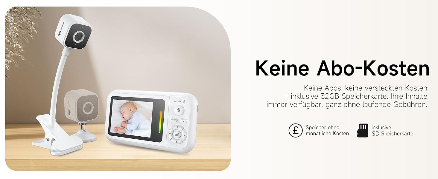 Відеоняня з камерою 1080P без Wi-Fi: монітор, тримач, кліпса для ліжечка, двосторонній звук, датчик температури, виявлення плачу, нічне бачення, 8 колискових, запис фото/відео, SD-карта в комплекті (біла)