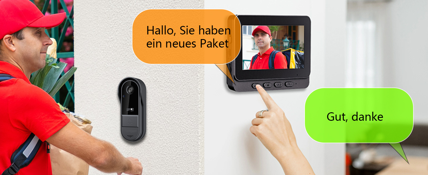 Відеодзвінок з камерою 1080P HD, бездротовий, водонепроникний IP65, дисплей 4.3